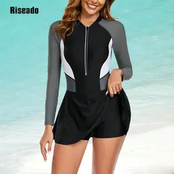 Long Sleeve Swimsuits Swim Dress Women Rash Guard Modest One Piece Swimwear with Skirt Bathing Suit