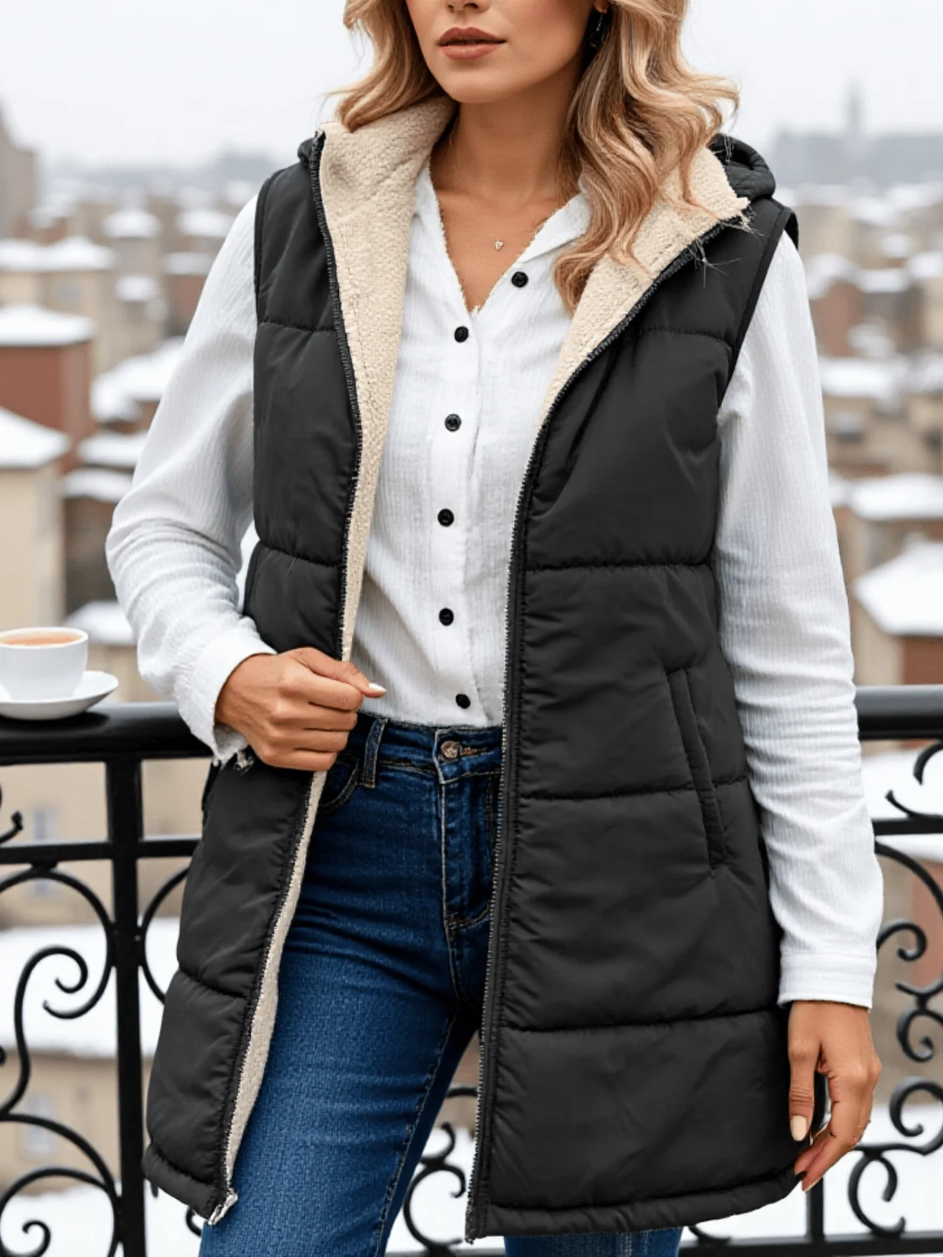 

Thickened Cotton Padded Vest Zipper Womenwear Fleece Hooded Coat Lining Warm Winter Outdoor Casual Fashion Cotton Padded Vest