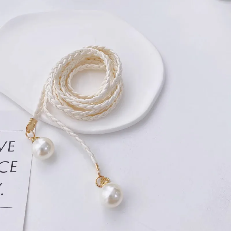 Ceinture en cuir fin avec perles pour femmes, ceinture décorative tendance pour pantalons et jupes, chaîne de taille réglable à nouer, ceinture en cordon