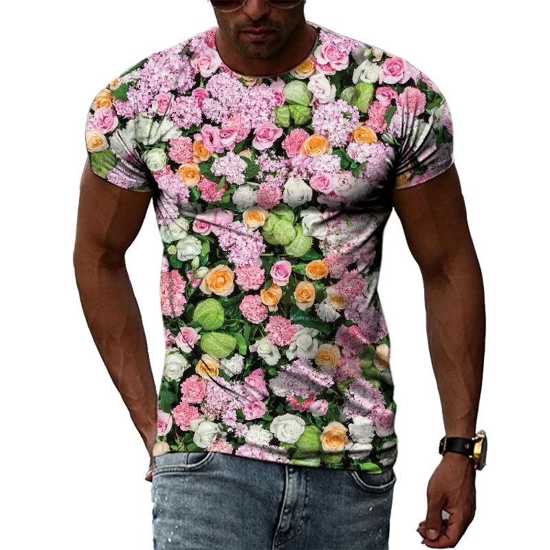 Summer Men\'s Flower Pattern Printed T-Shirt Hip-Hop Element Trend Round Neck Tees Seasonality Fashion Handsome Short Sleeve Tops