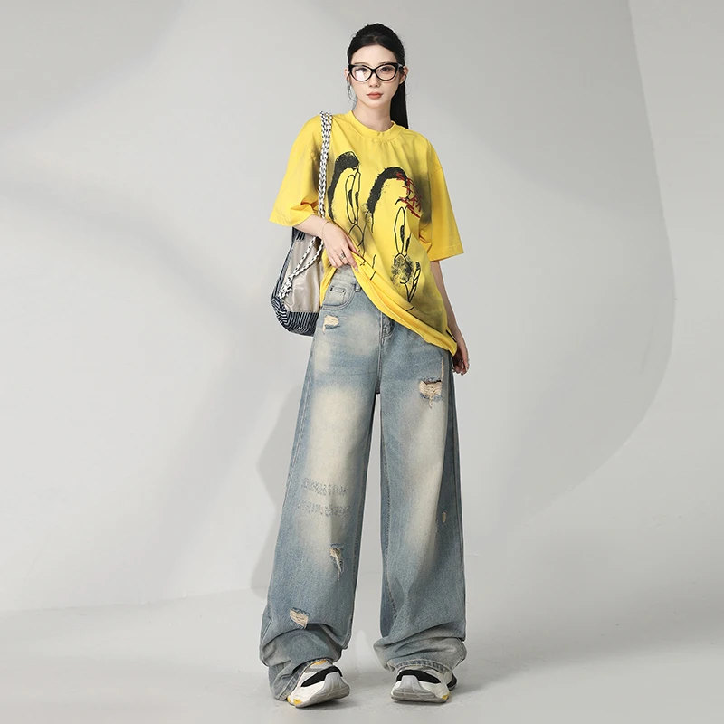 

Американские ретро старые рваные джинсы для стирки и потертостей для женщин, свободные утягивающие широкие брюки с высокой талией, джинсовые брюки в стиле Харадзюку