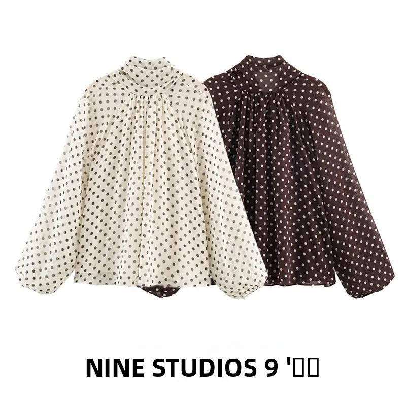 

Повседневный свободный длинный топ с принтом в горошек и декором в виде узла, женская мода, весна-осень, полиэстер