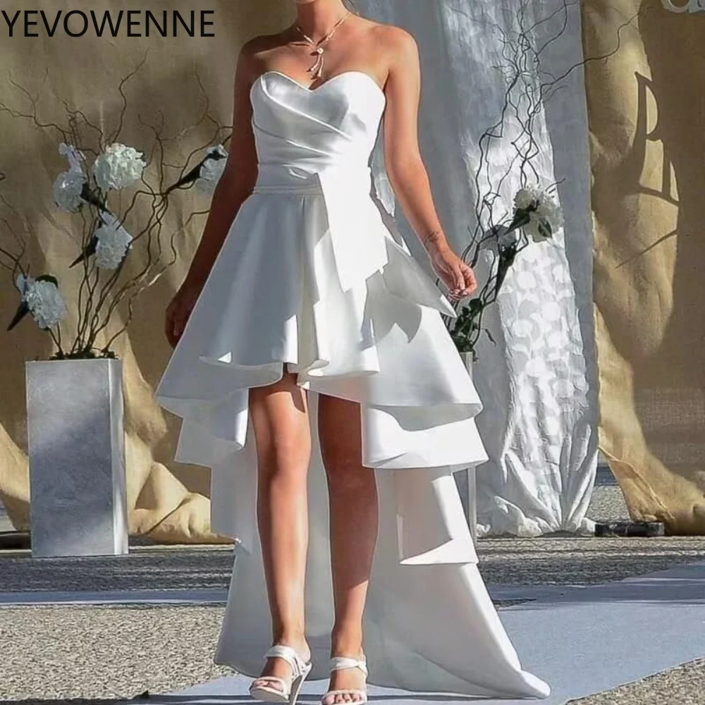 High Low Wedding Dresses for Bride Sexy Wedding Prom Gown Strapless Satin Bridal Reception Gowns