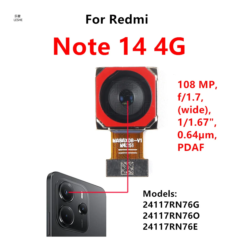 Para Xiaomi Redmi Note 14 4G 108MP cámara frontal principal grande módulo de cámara de visión trasera Cable flexible reparación de teléfonos inteligentes