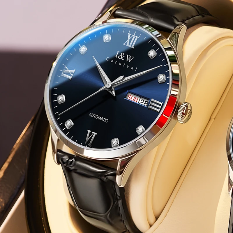 IW Business Mens Automatic Watch MIYOTA Movement Sapphire Crystal Calendar Black Leather Band Waterproof Mechanical Wrist Watch