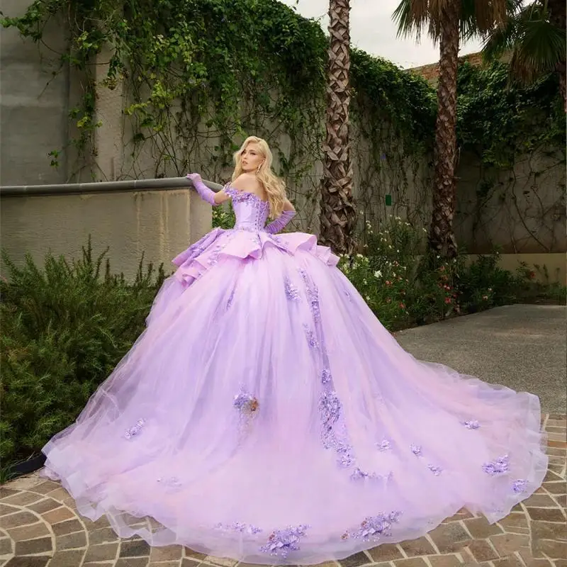 Romantic Ball Gowns Quinceanera Dresses Appliques Off the Shoulder Gloves Ruffles Lace up Draped Vestidos De 15 Años