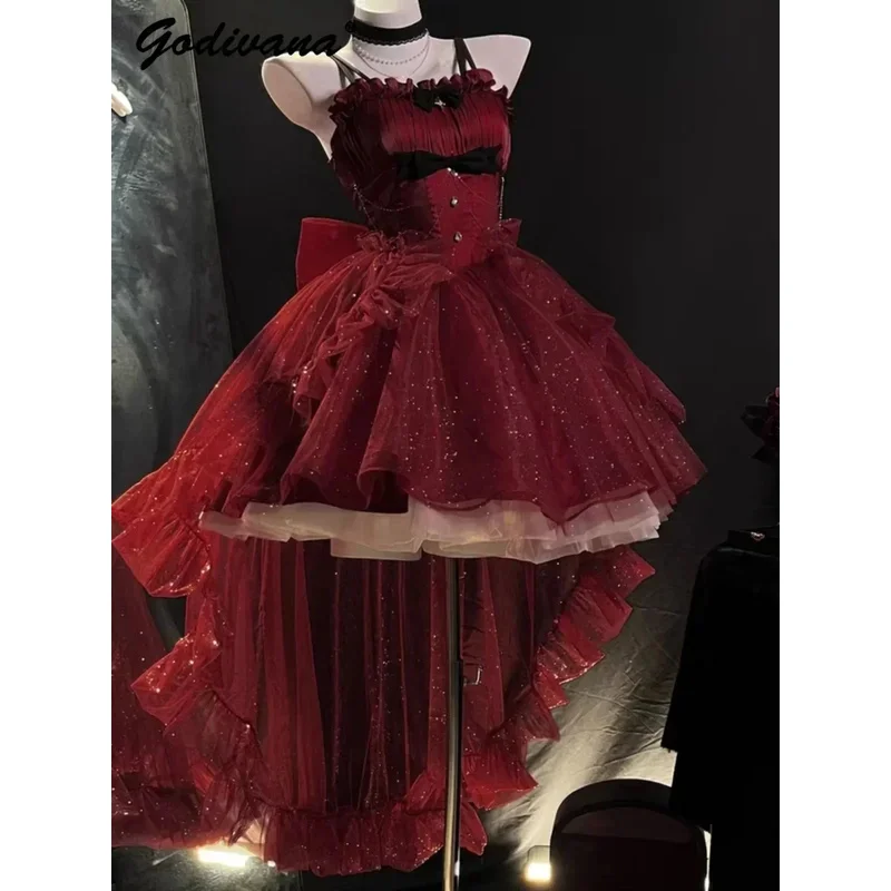 

Необычное блестящее короткое вечернее платье со шлейфом, новое летнее женское милое красное платье принцессы Лолиты без бретелек для девочек