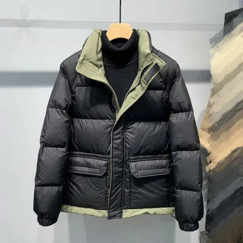 

Trendy men's short down jacket, winter stand up collar, thickened color matching loose coat, hooded ins, high-end