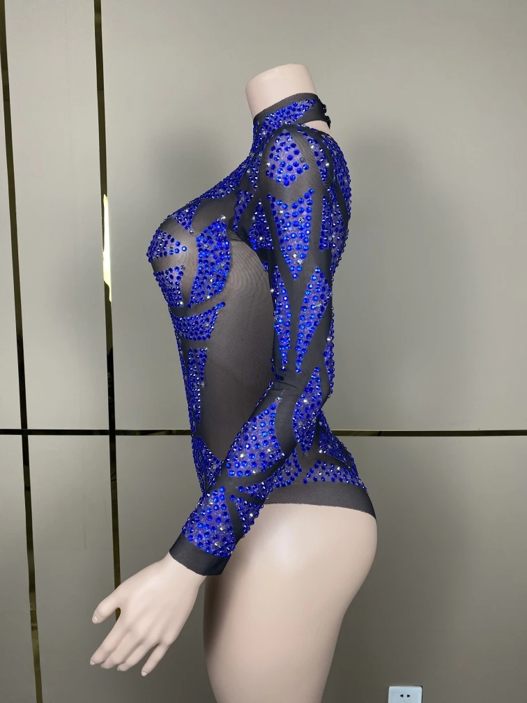 Blauwe Steentjes Bodysuit Paaldans Kostuum Sexy Gogo Danskleding Zangeres Podiumkleding Feest Rave Outfit Vdb7357