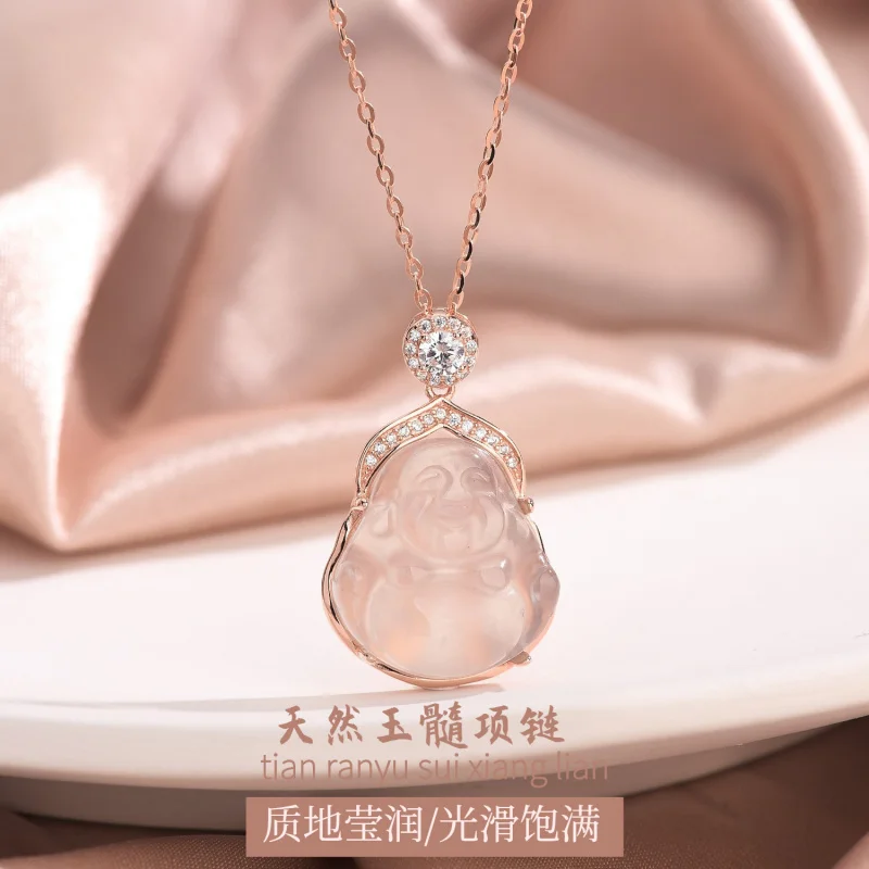 s925Women's Sterling Silver Natural Chalcedony Necklace New Chinese Style National Fashion Retro Buddha Pendant Special-Interest