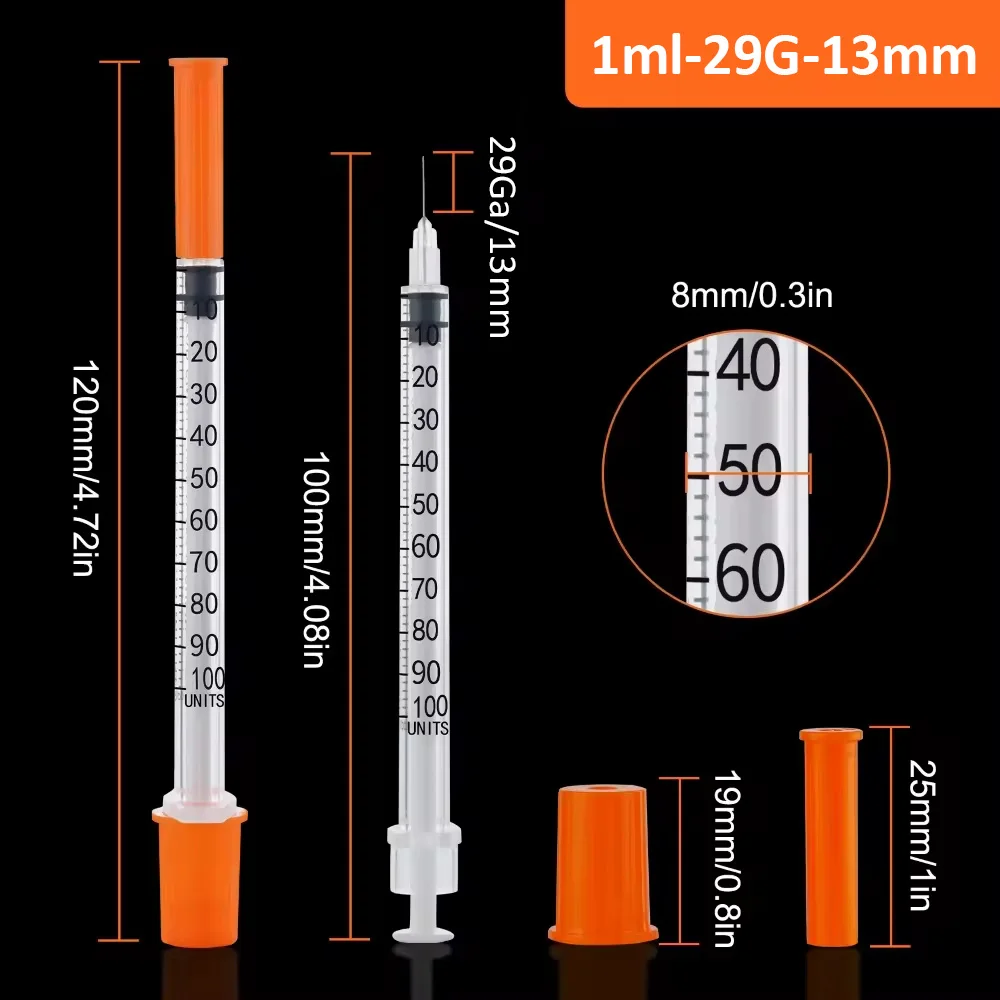 100 Stück Einweg-Insulinspritzen U-100, 1 ml, verschiedene Größen, 29G/30G/31G, einzeln verpackt, für Labor, Tierfütterung