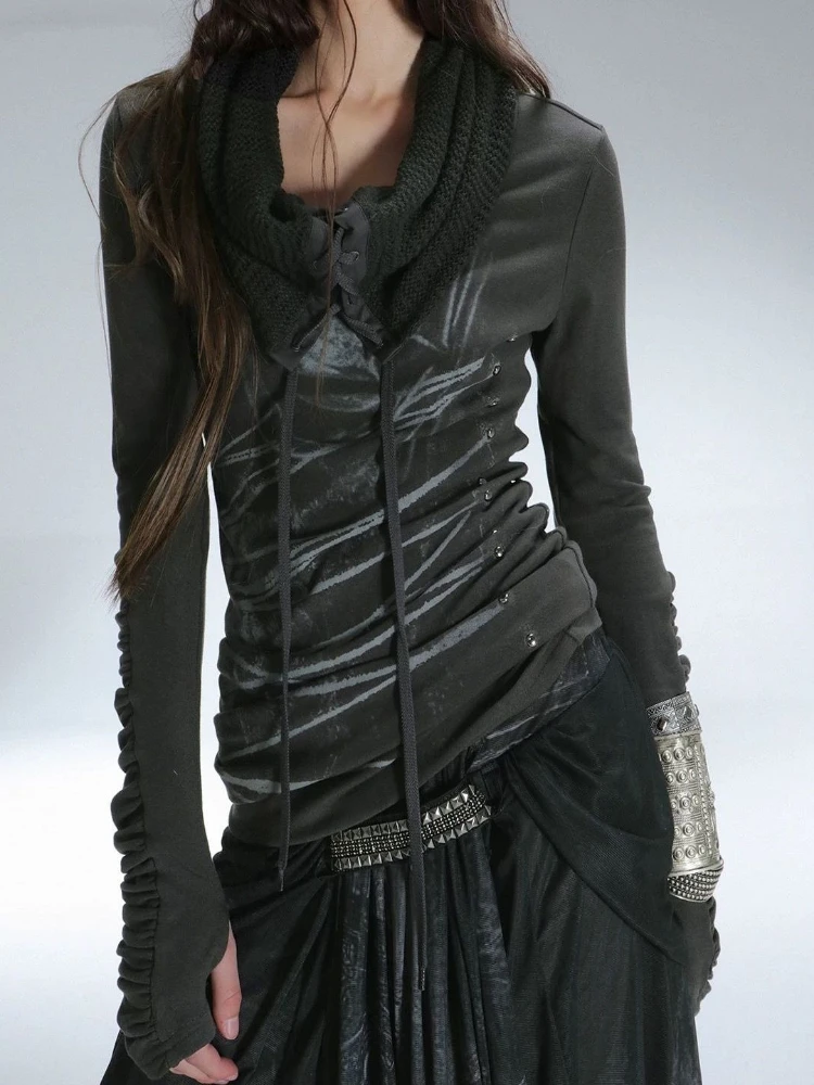 

Уличная одежда, женские вязаные лоскутные футболки в стиле Харадзюку, винтажные топы в стиле гранж с принтом Y2k, эстетичная облегающая футболка в стиле панк с повязками