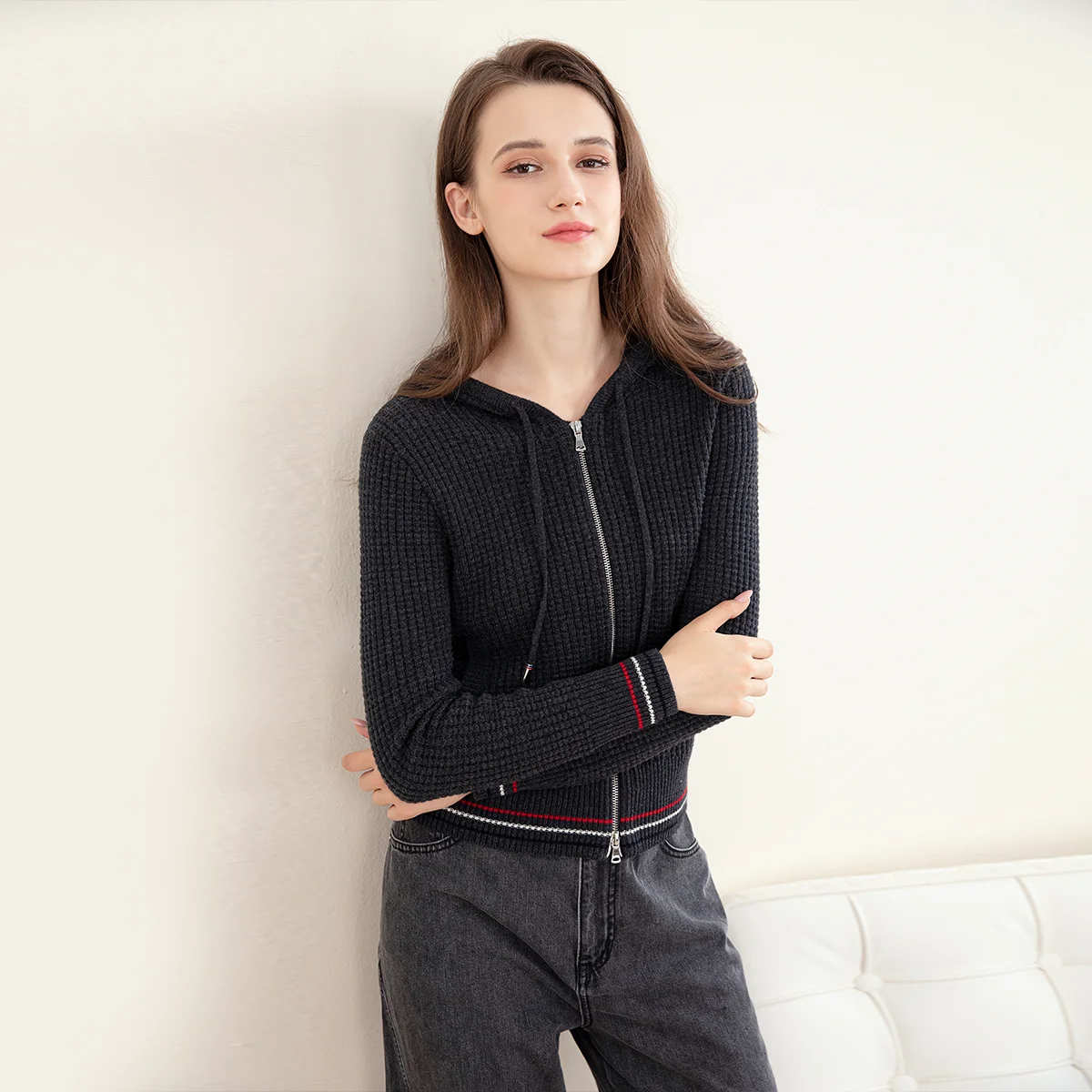 Z714 roupas femininas de alta qualidade 100% lã manga longa outono inverno novas roupas femininas de alta qualidade com capuz cardigan camisola