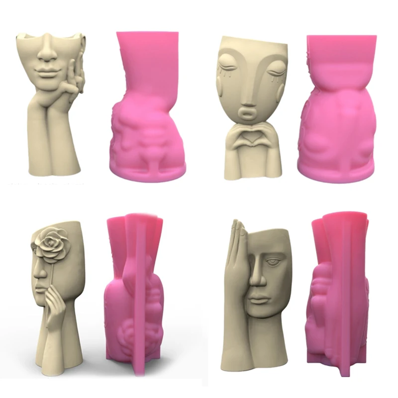 Molde para macetas de flores de cara abstracta, moldes de resina epoxi de yeso, soporte para bolígrafos, plantador de arcilla de cemento, molde de silicona, decoraciones para el hogar