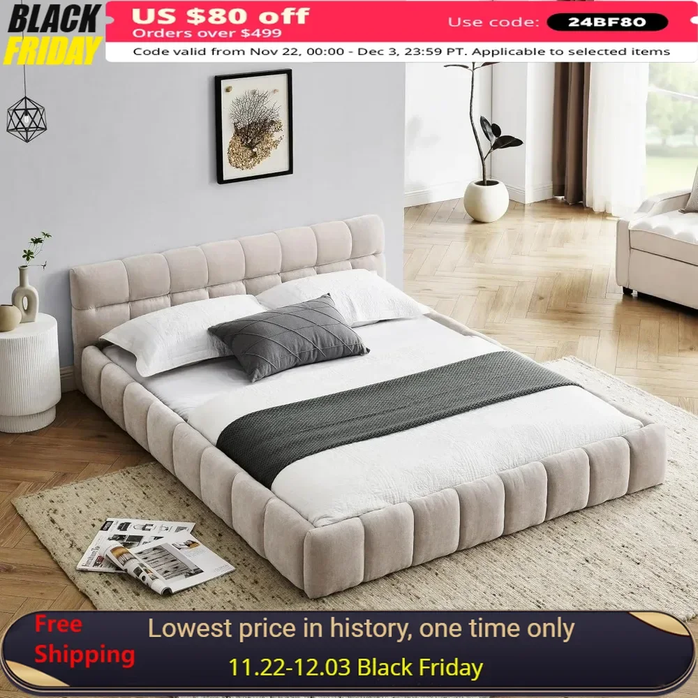 Queen Size Bed Frame with Cloud Soft Headboard, Grounded Upholstered Wood Base, Modern Chenille Upholstered Cloud Bed Frame