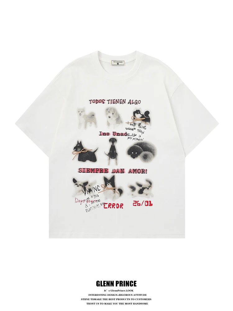 

GPstudio American High Street Cartoon Dog Print Short Sleeve T-Shirt Men's Summer Lazy Style INS Trendy Couple Tops