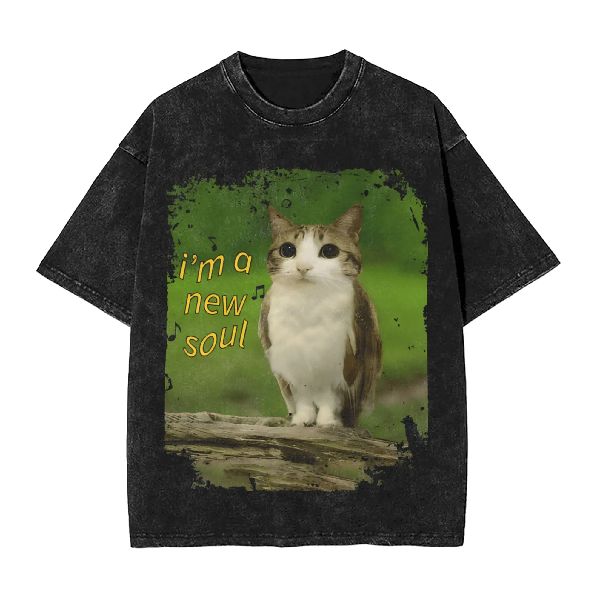 Couple T-Shirt Meowl Cat I'm New Soul Washed T-Shirts Fashion  Summer Tees Streetwear Printed Casual Tops Gift Idea
