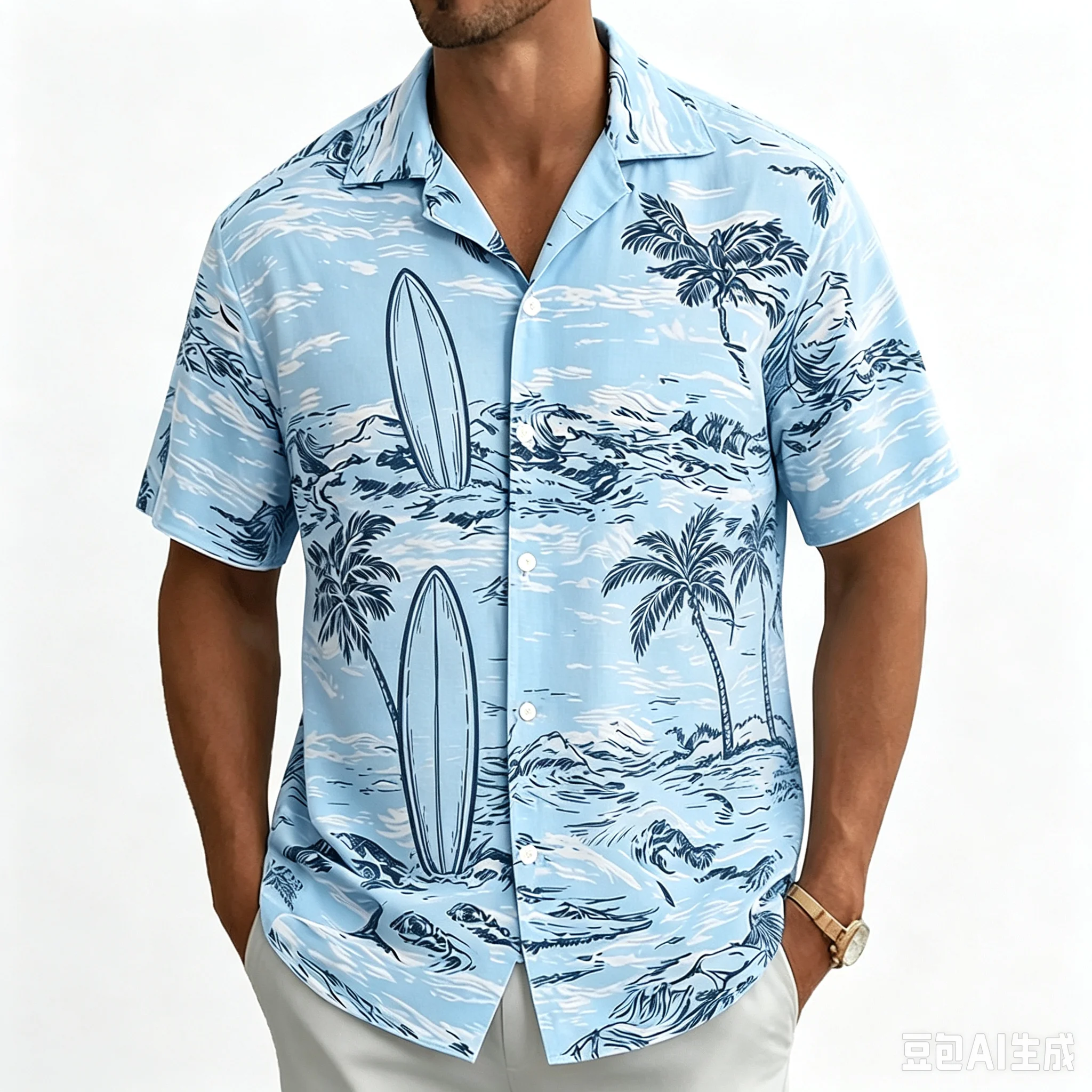 Men's Light Blue Tropical Palm Tree Print Short Sleeve Shirt, Casual Hawaiian Button Down with Ocean Design for Spring Summer