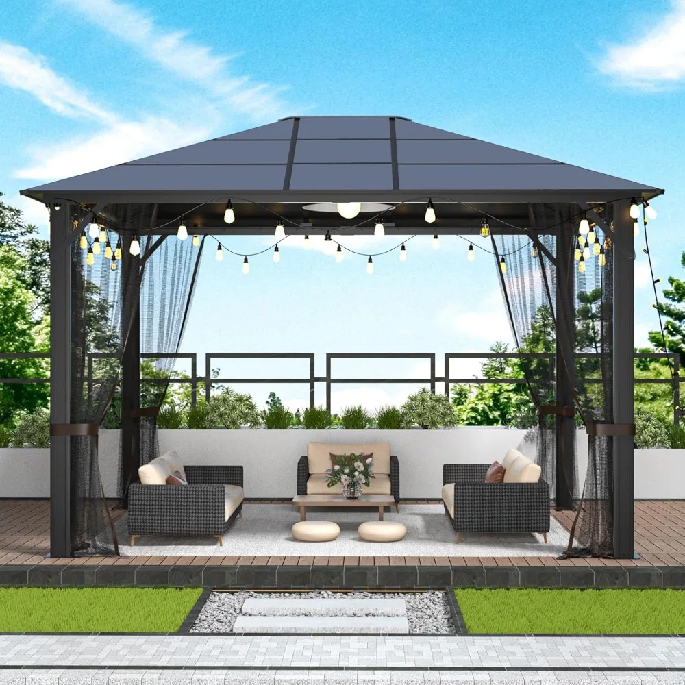 10x12 Gazebo, Hardtop Garden Gazebos with Aluminum Frame, Polycarbonate Gazebos Roof Panels,Outdoor Gazebo with Mosquito Netting