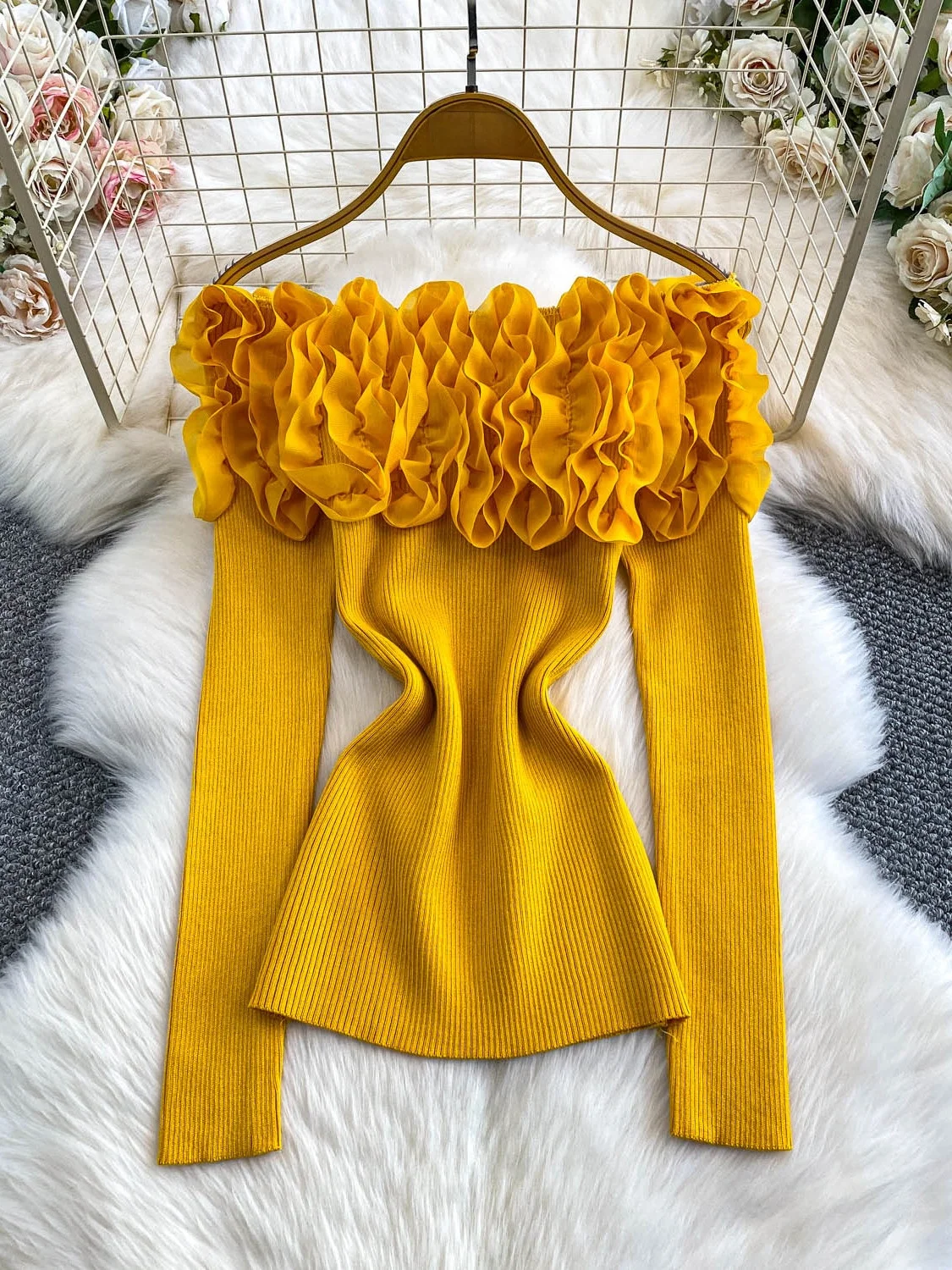 

Slim Fit One oulder T-irt Women's Autumn Winter Knitted Base Layer Top with Lace Trim Commute Sle Korean Version