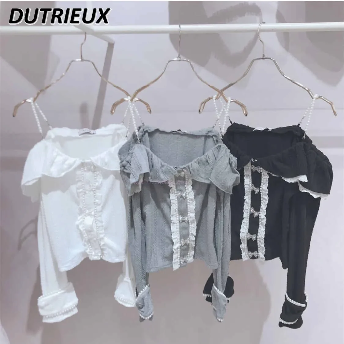 Detachable Pearl Suspender Bow Button Ruffled Pullover Spring Autumn New Sweet Girl Off-Shoulder Off-the-Neck Knitted Short Top