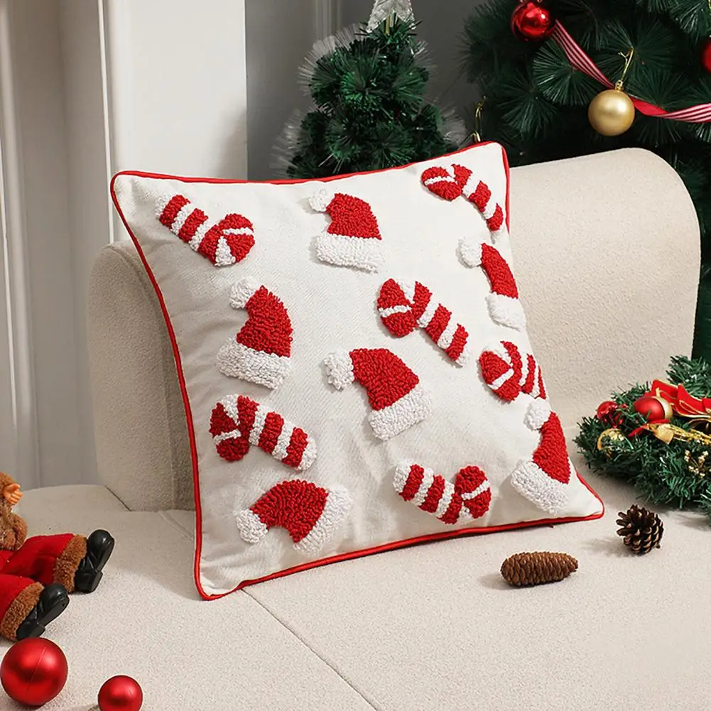 Christmas Throw Pillow Cover Festive Santa Hat Cane Throw Pillowcase for New Year Party for Bedroom