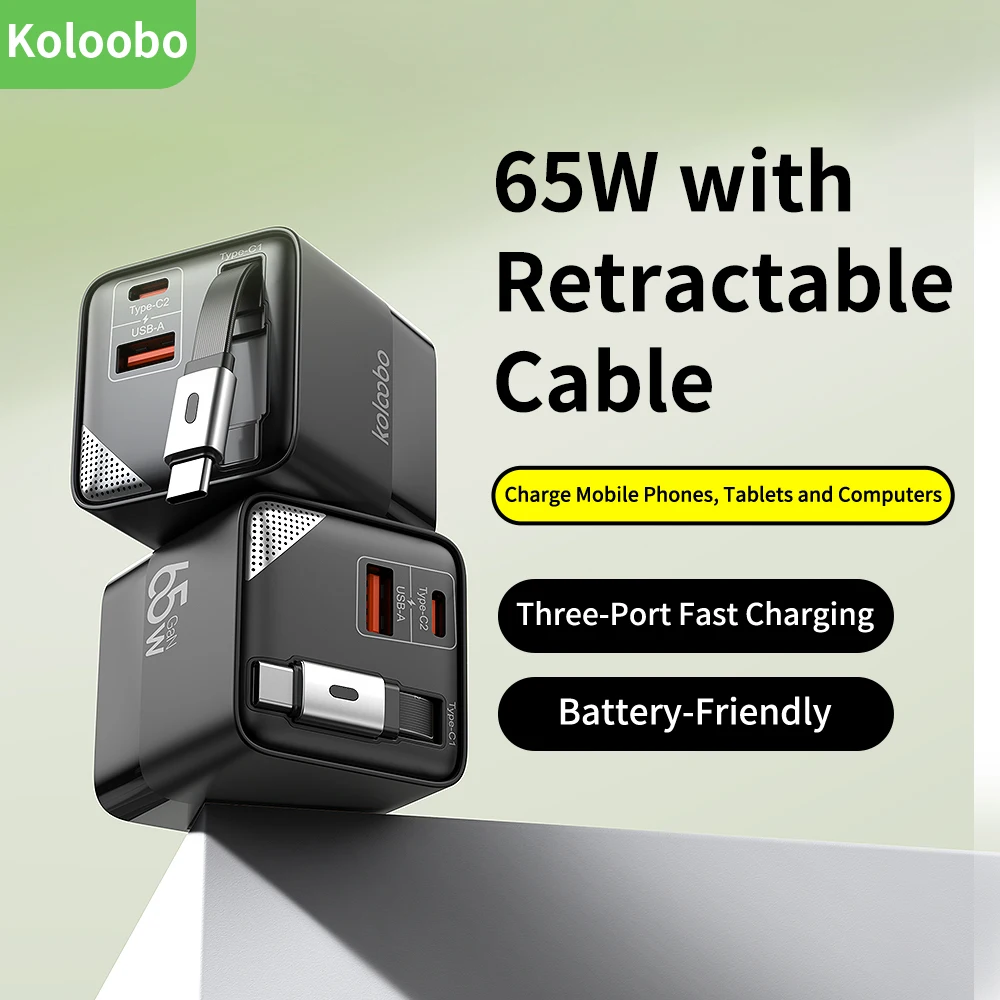 

65W GaN Fast Charger Three-Port Charging Head Built-in 80cm Retractable TypeC Cable for iPhone16 15 14 13 Promax Xiaomi Samsung