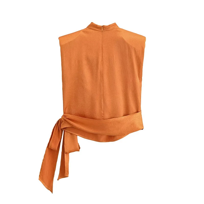 YENKYE Fashion New Women Light Blue Sleeveless Blouse High Neck Wrap Side Bow Tie Elegant Satin Summer Tops view 4