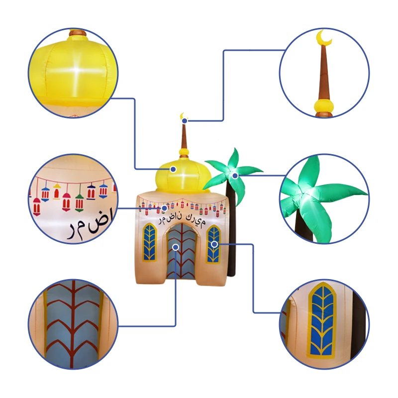 Jouet gonflable de 7,8 pieds, décor de mosquée gonflable du Ramadan, texte du Ramadan Kareem, dôme jaune, palmier vert, gonflable islamique du Ramadan