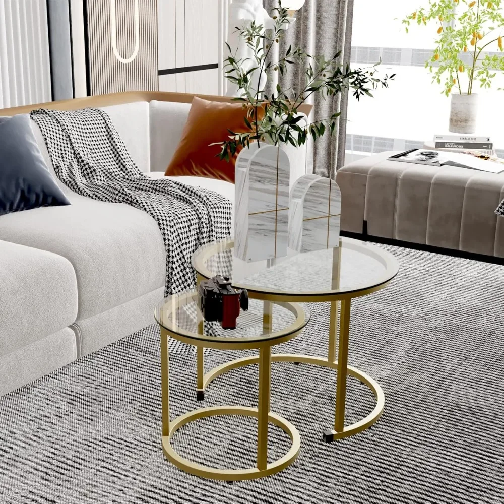 Coffee Table Set of 2, Small Glass Round Nesting Tables for Living Room Bedroom, Accent Tea Table with Metal Frame