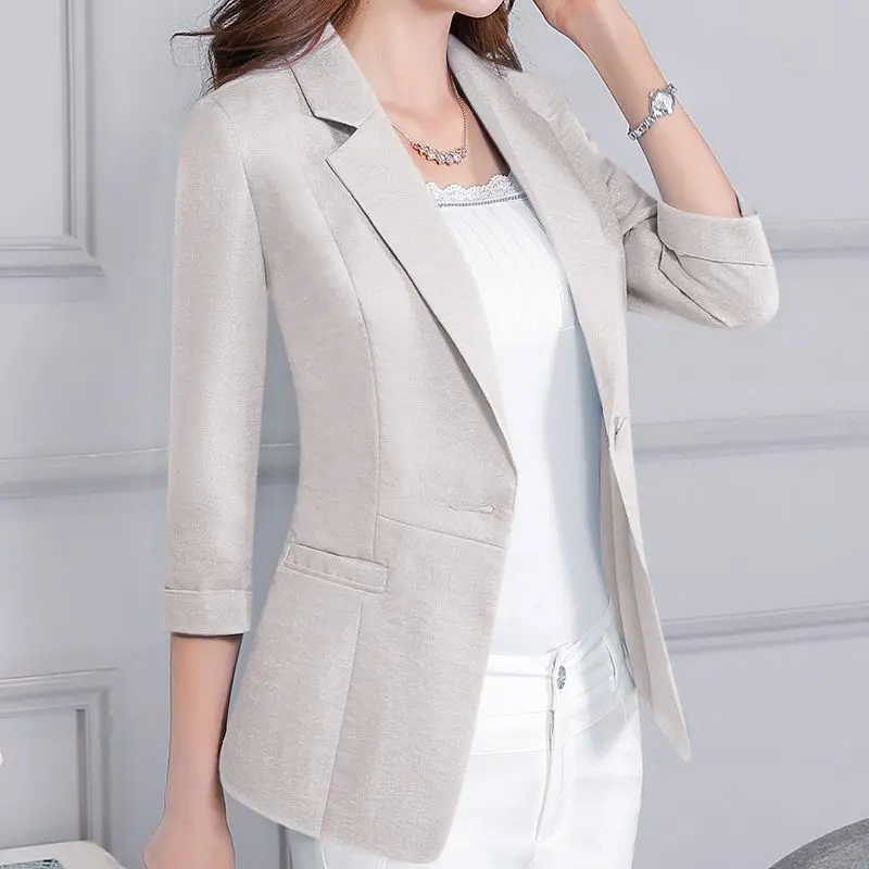 Women\'s Korean Fashion 3/4 Sleeve Solid Slim Cotton Linen Blazers Jacket Spring Summer Elegant Office Lady Casual Thin Suit Coat