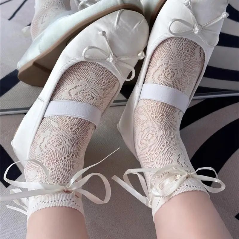 

L38E женские милые ажурные кружевные носки с цветочным принтом, милые японские носки на шнуровке с бантом, однотонные носки