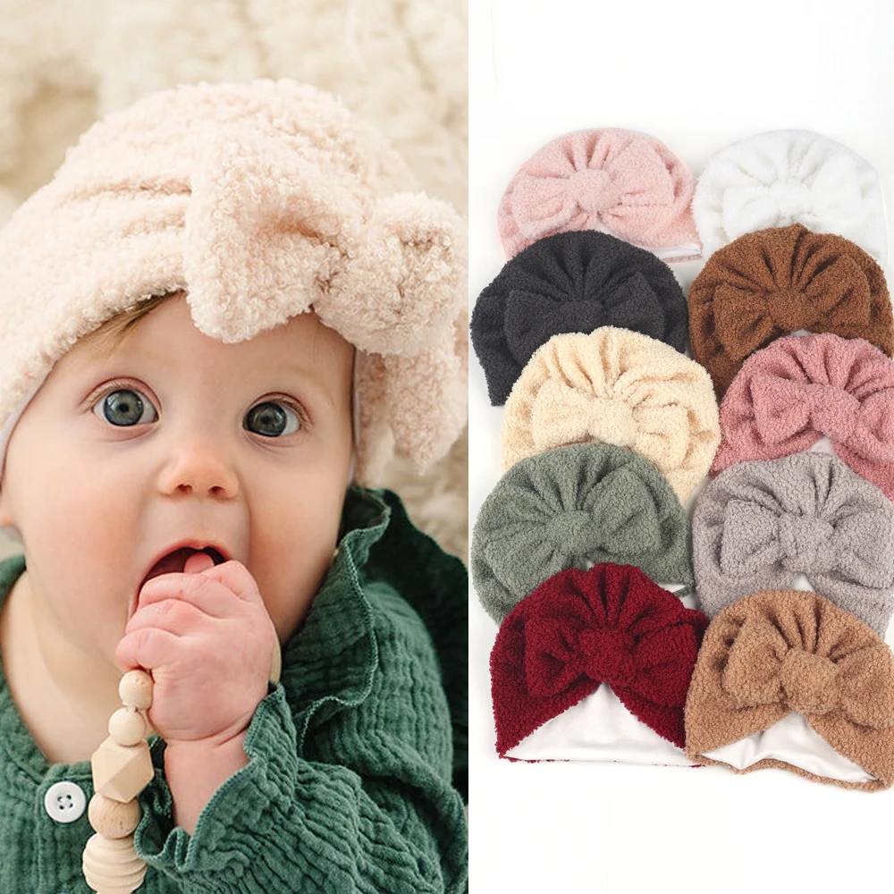 Baby Hats Knot Turban Teddy Fabric Thick Ear Warmer Infant Indian Hat for Boys Girls Cashmere Bonnet Caps Baby Hair Accessories