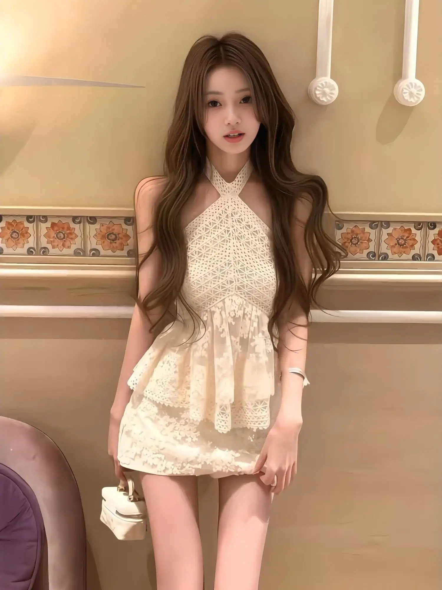 

Summer 2026 Sexy Lace Splice Hanging Neck Vest Top High Waist Skirt Set Women's Fashion Breathable Chic Short Sleeve Uni...