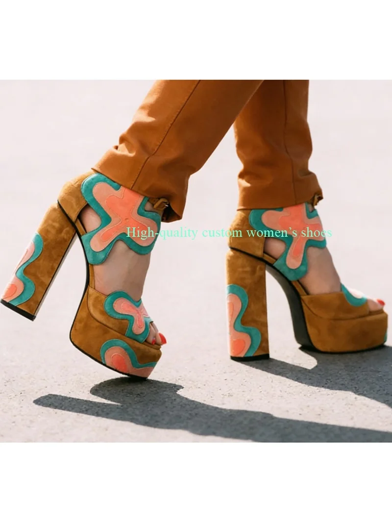 Pink And Blue Flowers Color Blocking Decorative Summer Round Exposed Toe Velvet Fabric Waterproof Platform Luxury Sandals
