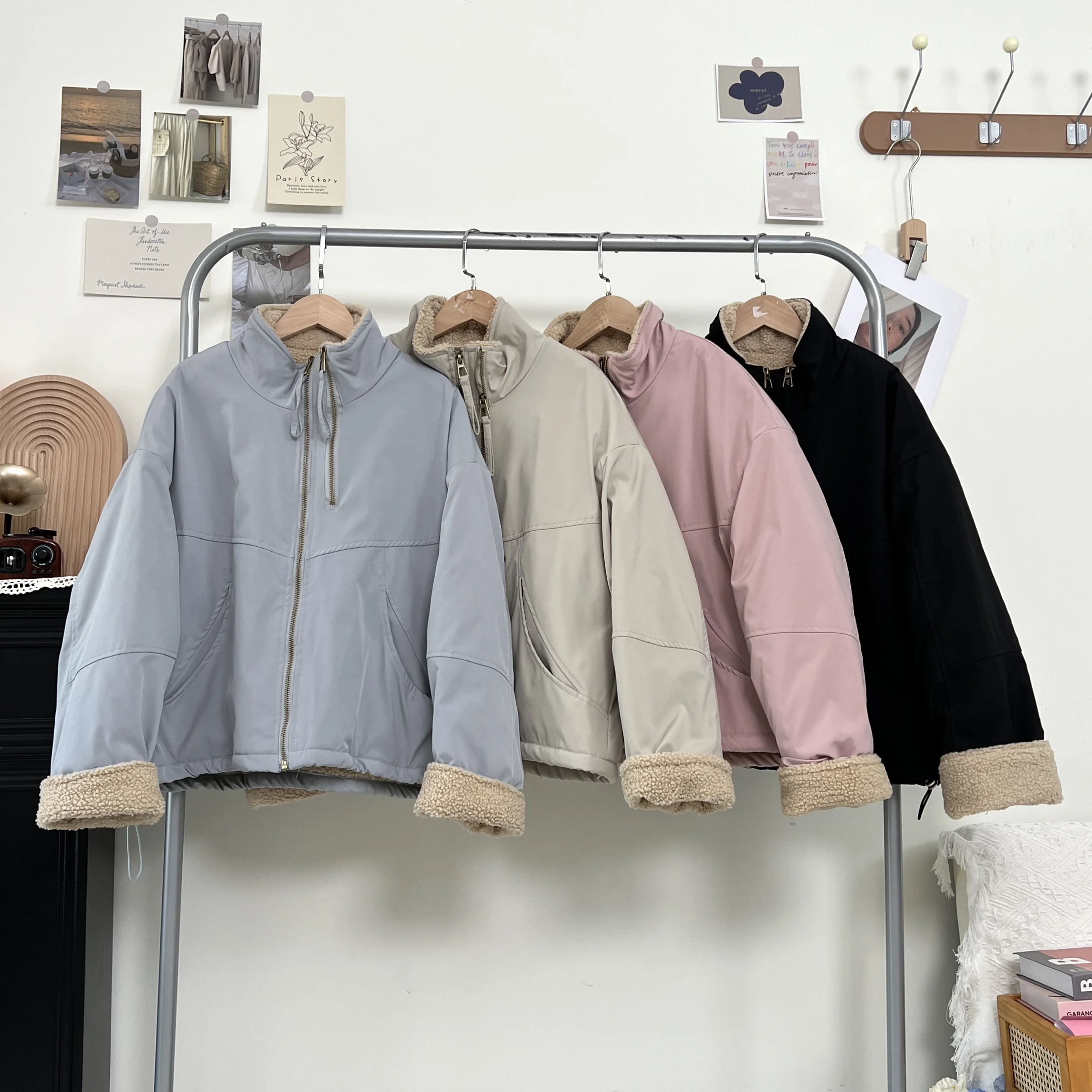 

Japanese Autumn Winter New Lamb Wool Coat Women Fashion Stand Collar Long Sleeve Casual Cotton Jacket Office Lady Short Coat