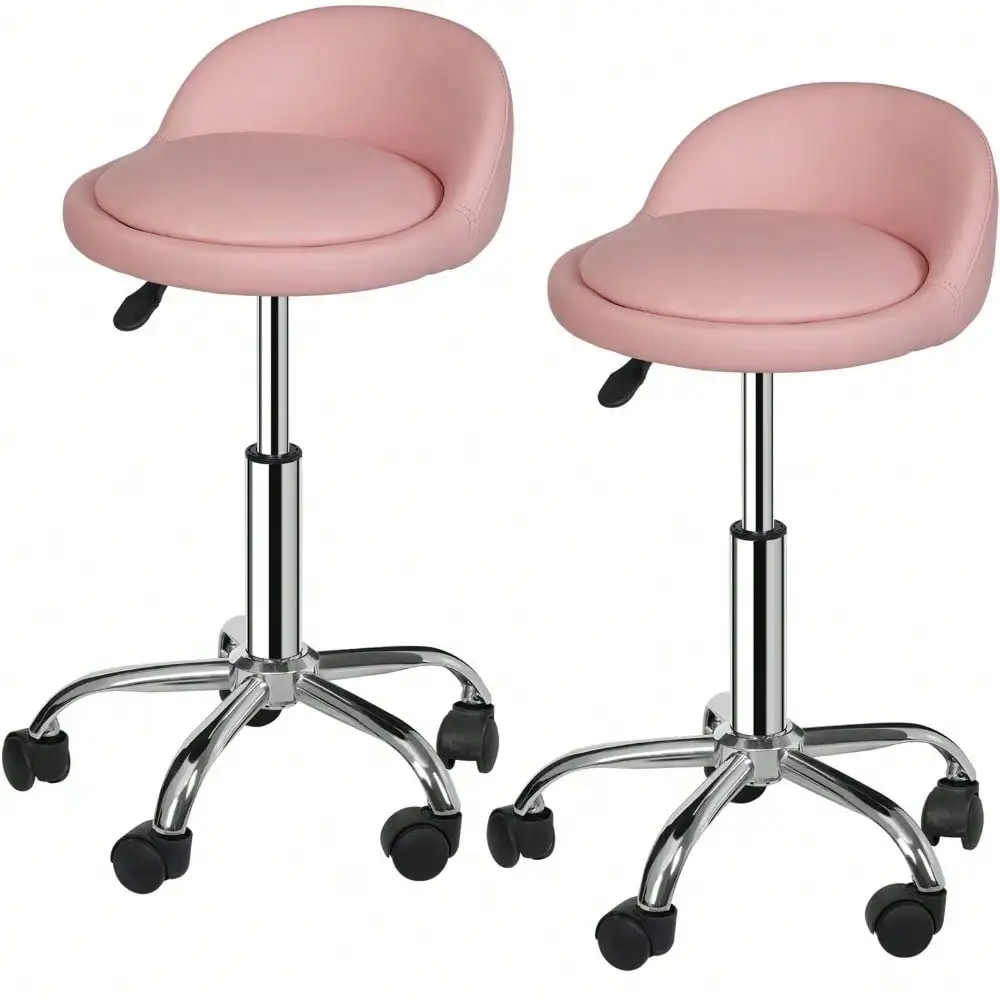 2PCS Adjustable Rolling Salon Stool PU Leather Hydraulic Swivel Chair Pink