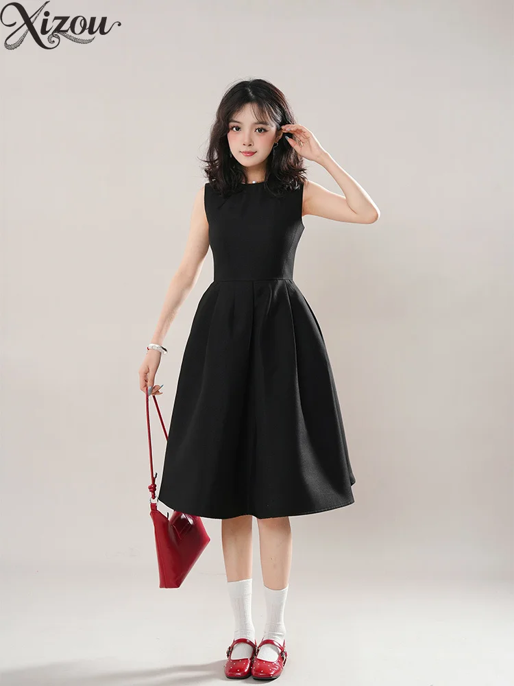 2025 verão feminino sem mangas cintura hepburn vestido francês a linha preto formal senhoras doce elegante festa coreano em torno do pescoço oferta