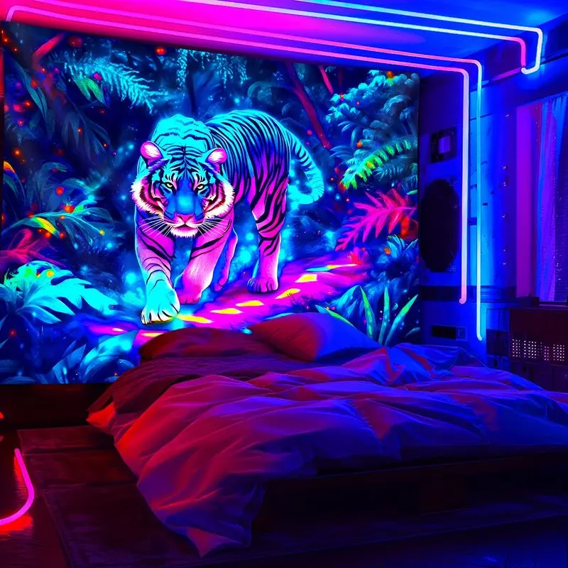 VIKAMA UV Reactive Neon Tiger Wall Hanging Glowing Rainforest Jungle Animal Tapestry Psychedelic Dorm Gaming Decor Cloth