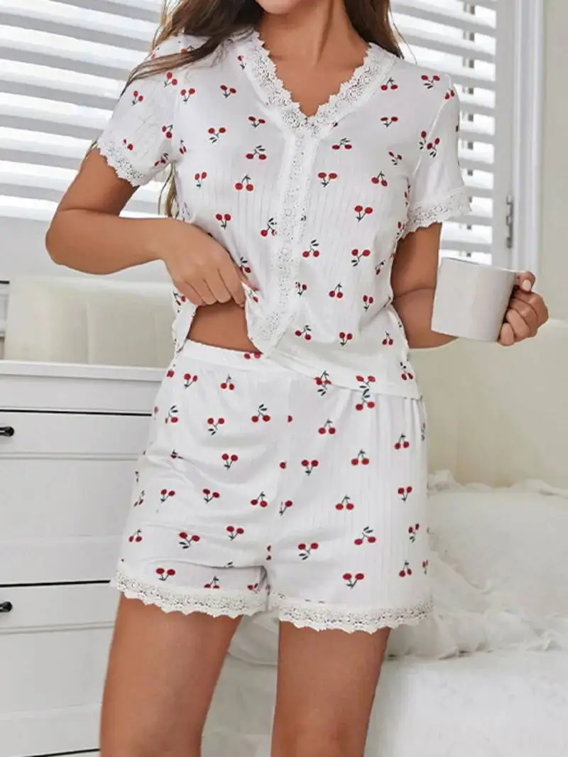 Pure Desire Style Women's Pajamas Autumn Summer Sexy V-neck Lace Cherry Print T-shirt Slim Fit Short Sleeve Shorts Sets G4J7