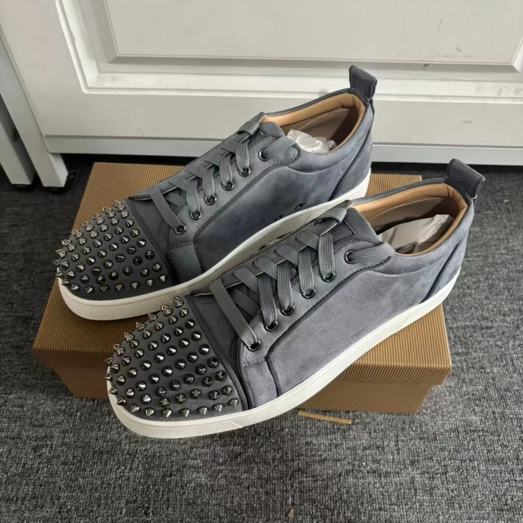 Gray Flannel Leather Red Sole Sneakers For Women Men Round Toe Lace-Up Flat Sole Casual Sports Shoes Unisex Custom 35-46 Size DE view 3
