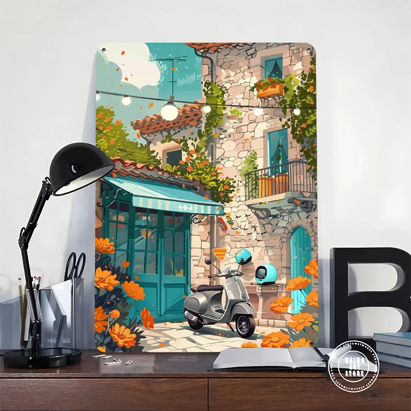 Italian Scooter in Front of Caffee Tinplate Poster Customized Wall Art Retro Vintage Metal Signs for Fans Gaming Room Decoration