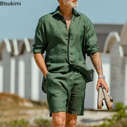 2024 Mode Streetwear Herren Sommer bequeme Baumwolle Leinen Freizeit anzug Langarmhemd und Shorts zweiteilige Männer Urlaub Outfit