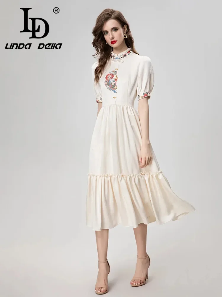 

LD LINDA DELLA Summer 2024 luxury Designer Dresses for women Vintage Embroidery Tunics Ruffles Single Breasted Temperament Dress