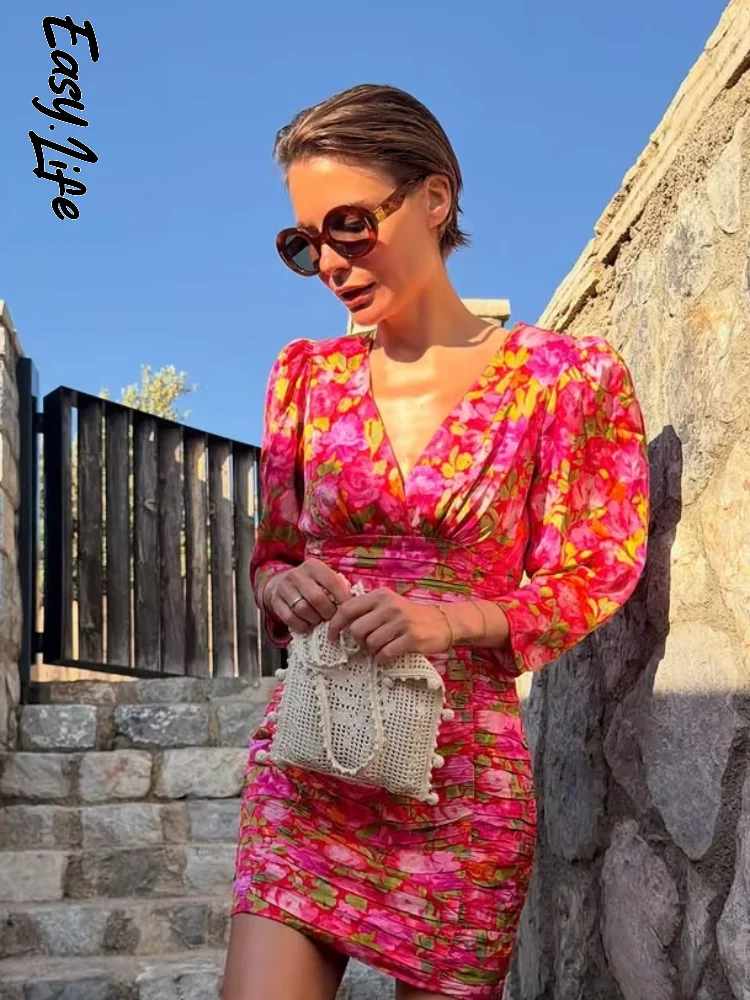 

Red Floral Print Ruched Women Mini Dress Sexy V Neck Long Sleeve Bodycon Party Vestido 2026 Summer New Lady Daily Street Wear