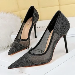 BIGTREE Spring Fashion Slimming Heels Wedding Party  Stiletto Pumps Shallow Cut Pointy Sexy Lace Mesh Stripper Women's Shoes