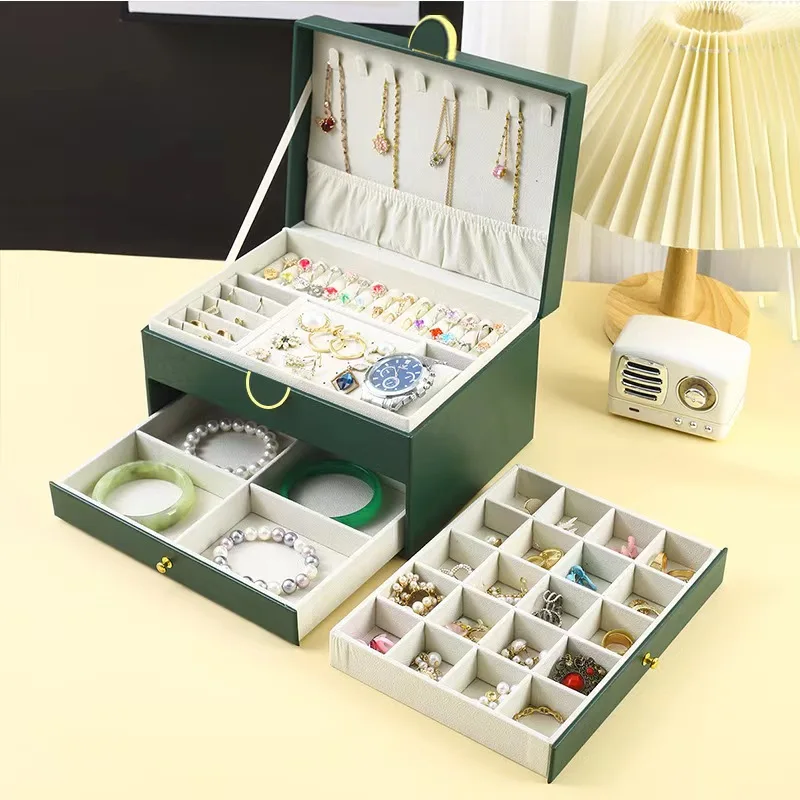 High Quality 3 Layers Simple Leather Jewelry Display Generous And Portable Silk Necklace Box Earrings Ring  Organizer Watch Box