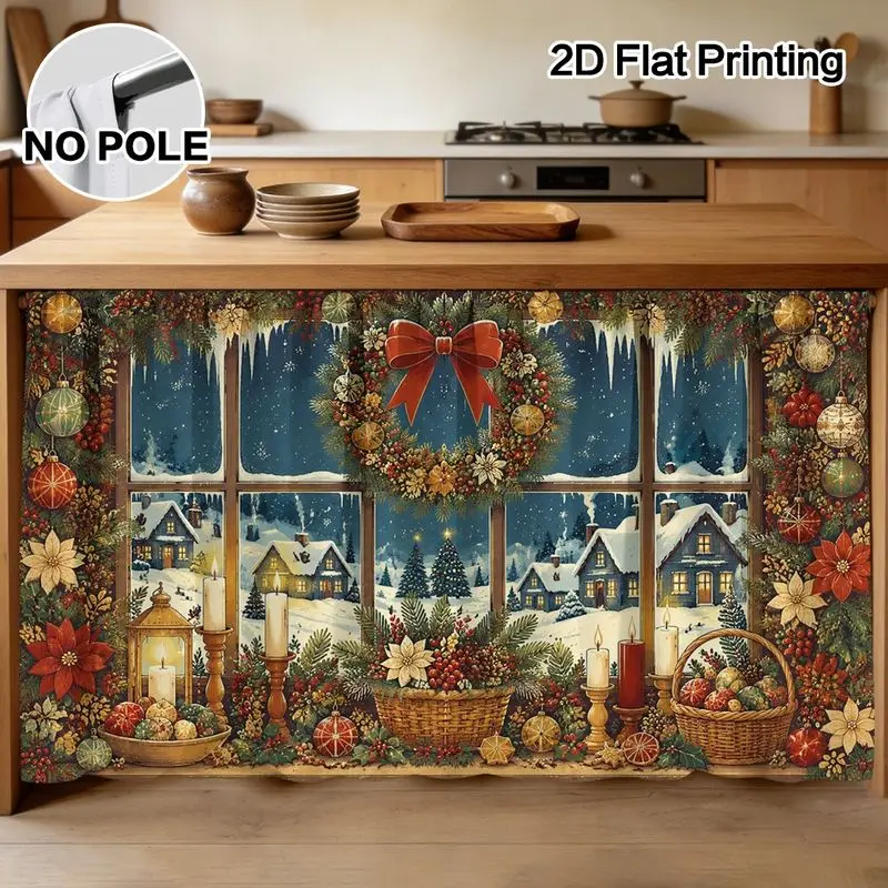 VIKAMA VIKAMA Retro Christmas Wreath Snowy Village Scene Long Cabinet Cover Curtain No-Drill Dust Cover Kitchen Cupboard Shelf Decor - Aliexpress Deal