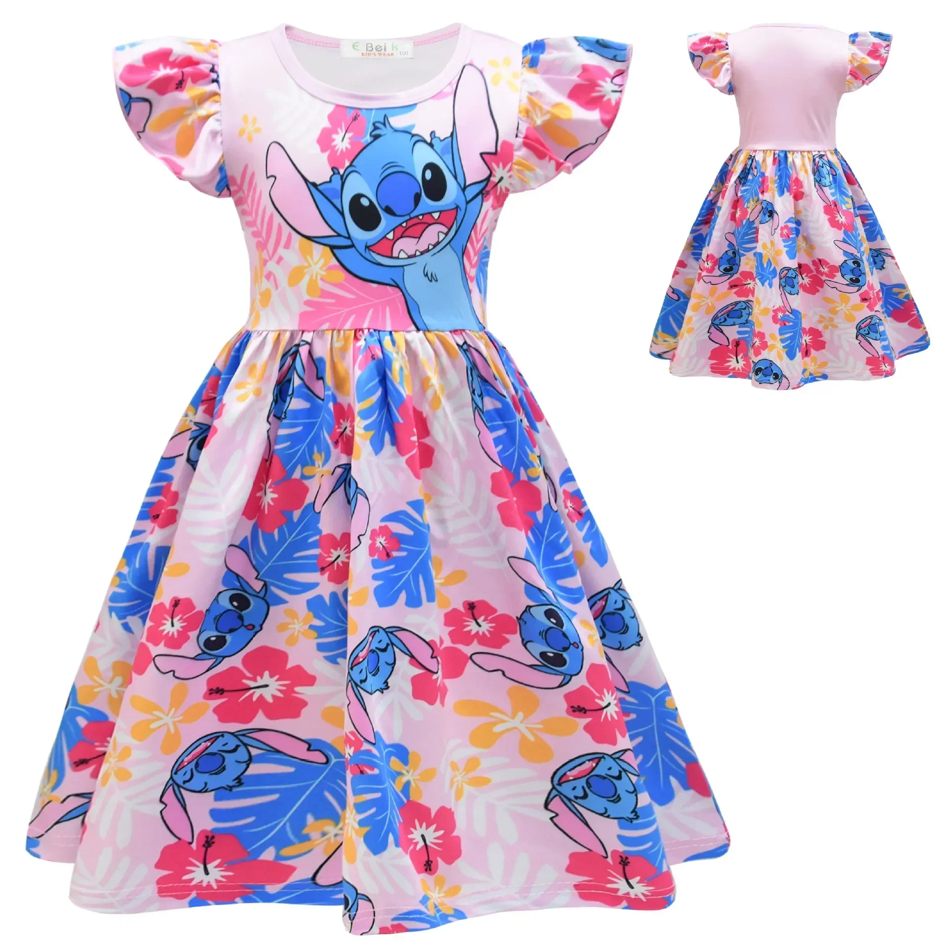 

Disney Stitch Girls Skirt children Summer Flying Sleeve Dress Fashion Cartoon Sleeveless Dress