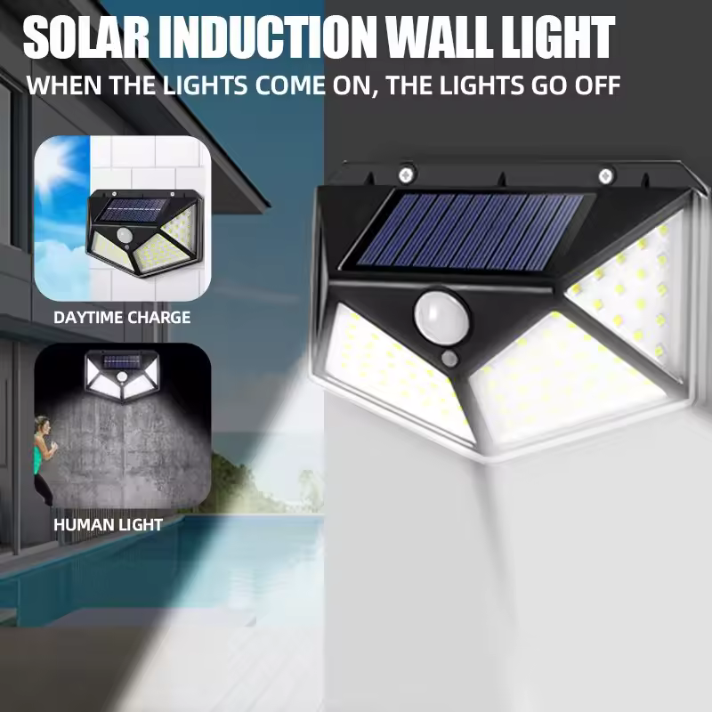 Impermeável Motion Sensor Solar Powered Sunlight, Lâmpada de parede exterior, Street Lamp, Jardim Railing lâmpada decorativa, 100LED